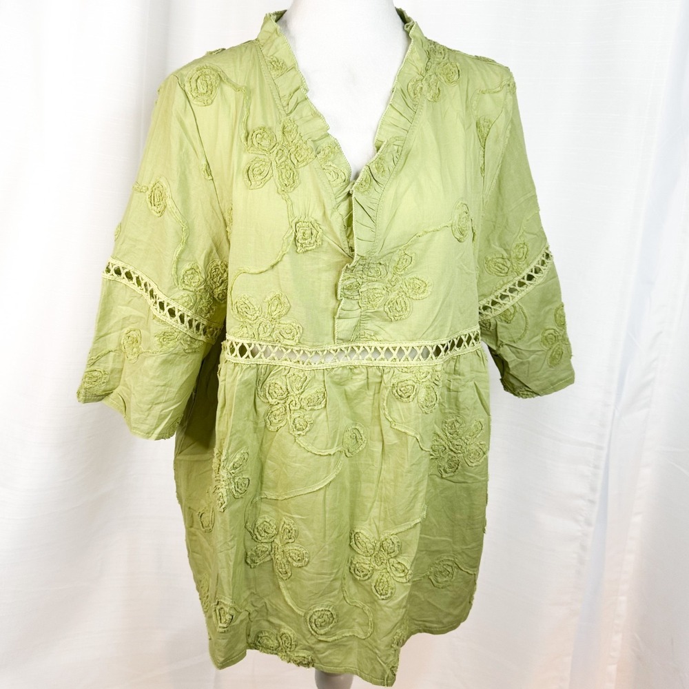 Cherrybetty Blouse Women M Green Floral Embroidered Cotton Boho Lagenlook NWT
